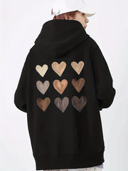 Hearts Print Hoodie Long Sleeve Casual Sweatshirt Women's Clothing