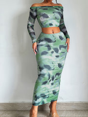 Tie Dye Two Piece Skirt Set Off Shoulder Crop Top & High Waist Bodycon Skirt