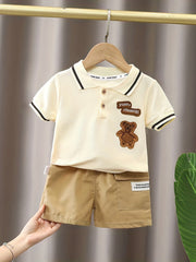 Boys Casual Suit Bear & Letter Embroidered Shirt Shorts