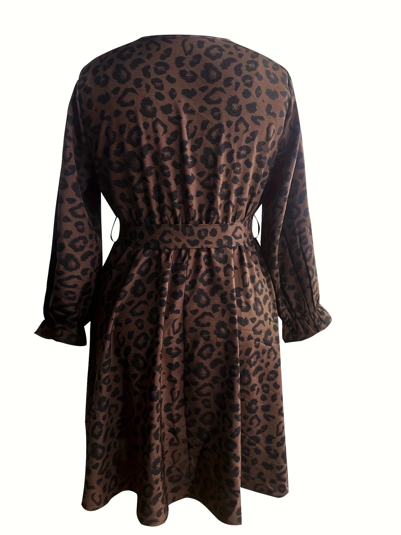 Leopard Print Lantern Sleeve Surplice Neck Dress With Belt