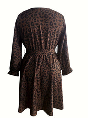 Leopard Print Lantern Sleeve Surplice Neck Dress With Belt