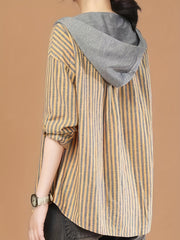 Striped Button Front Hooded Jacket Spring & Fall Women's Clothing