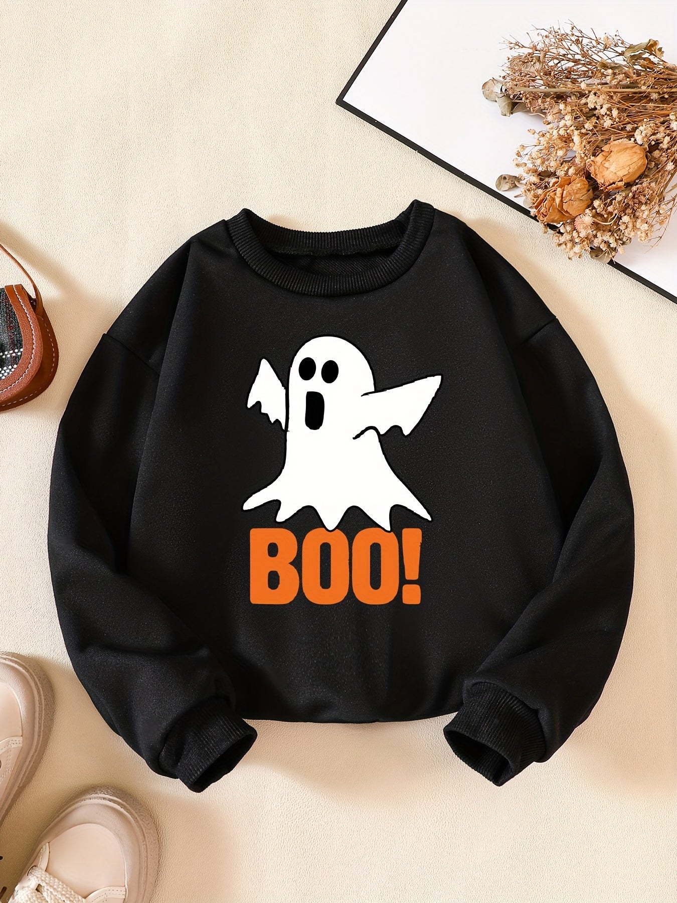 Boo Print Boys Casual Pullover Sweatshirt Crew Neck Tops Kids Clothes
