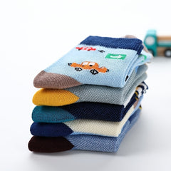 5 Pairs Kids Cartoon Car Cotton Crew Socks, Winter Boys and Girls