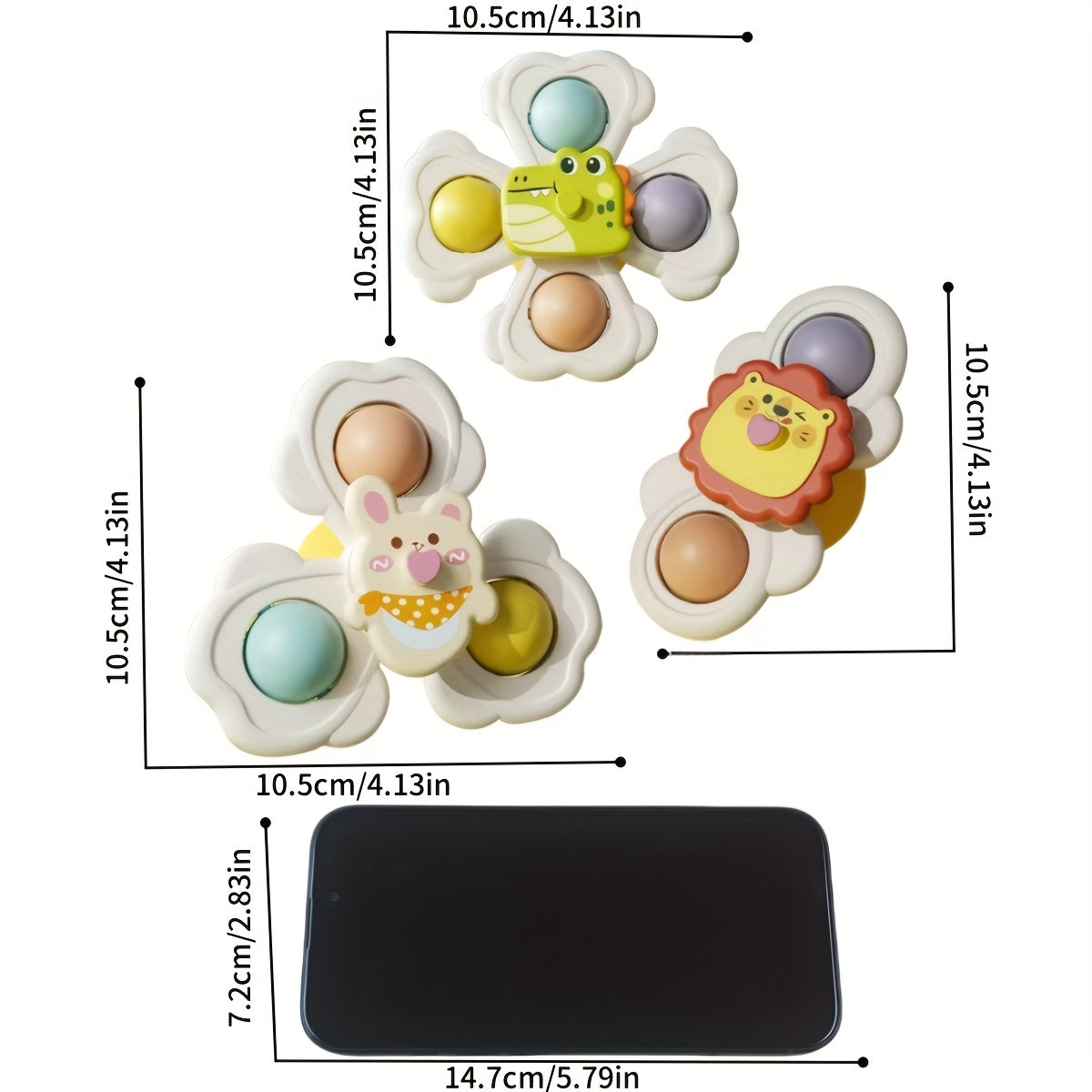 3pcs Kids Bathtub Suction Cup Rotating Toys - Colorful Cartoon Design