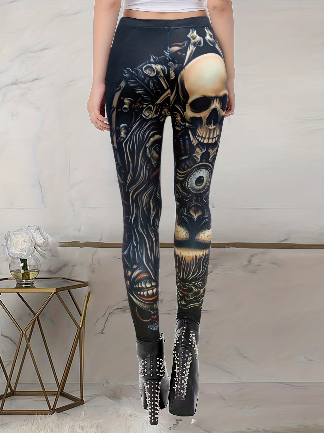 Gothic Skull Print Skinny Leggings High Waist Stretchy Leggings