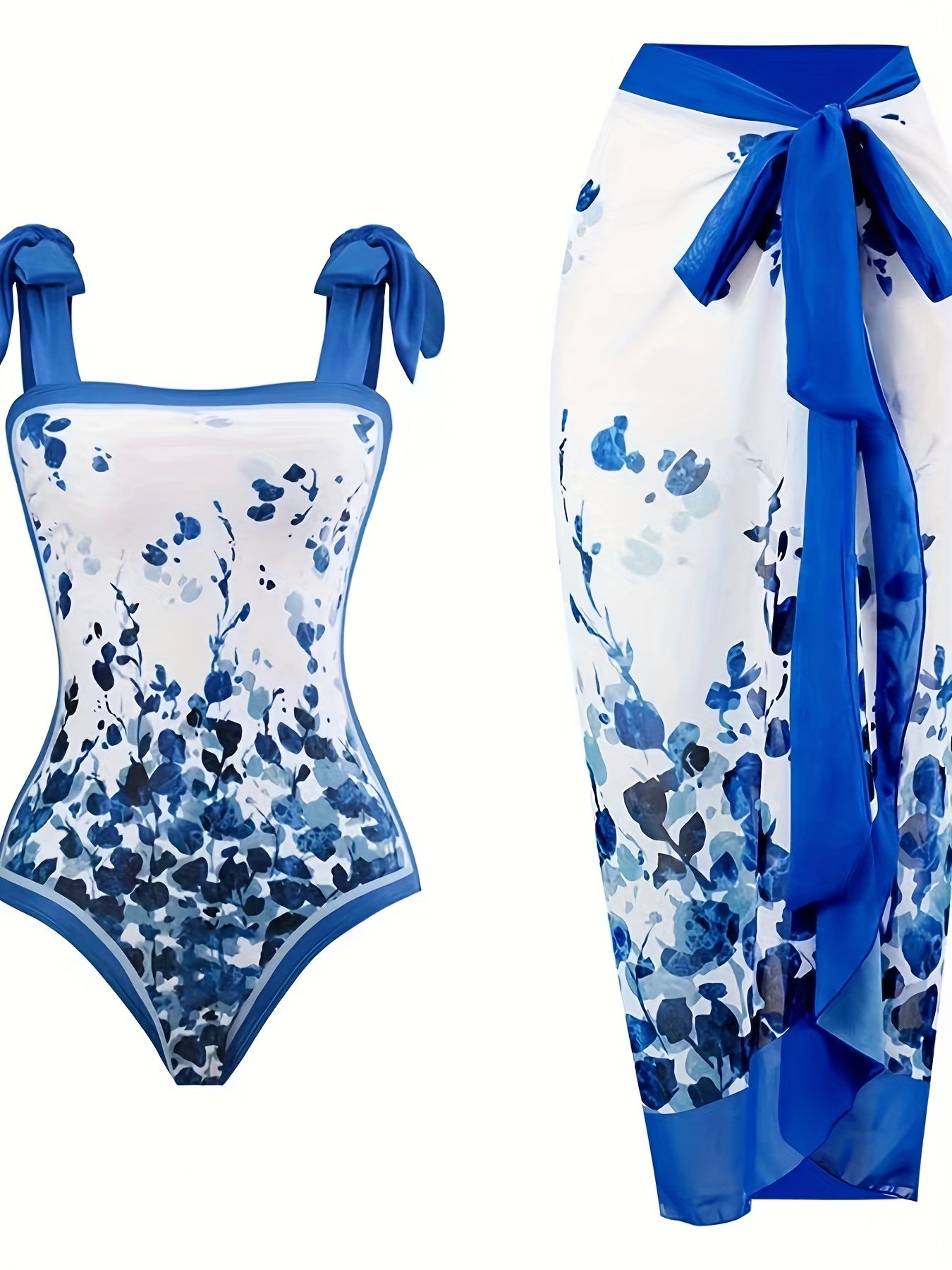 Floral Print Tie Shoulder One Piece Bathing Suit with Sarong Cover Up