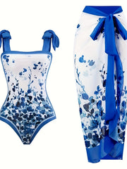Floral Print Tie Shoulder One Piece Bathing Suit with Sarong Cover Up