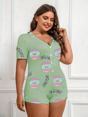 Donut & Letter Print Pajama Romper Short Sleeve V Neck Loungewear