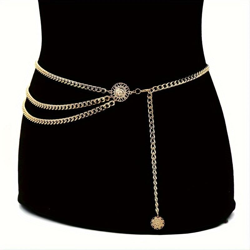 Boho Tassel Waist Chain Belt w/ Sun Pendant, Adjustable Elastic for Women