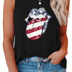 Flag Lip Print Tank Top Round Neck