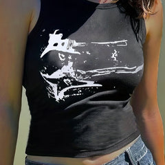 Y2k Graffiti Print Crop Tank Top Sleeveless Crew Neck Summer Women's Clothing