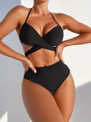 Black Criss Cross 2 Piece Bikini Set Halter Tie High Waist Stretchy Swimsuit