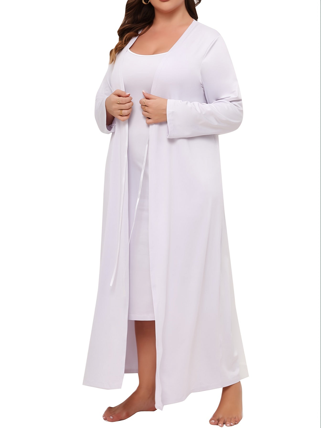 Solid Round Neck Cami Dress & Long Sleeve Tie Front Robe Pajama Set