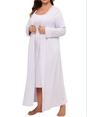 Solid Round Neck Cami Dress & Long Sleeve Tie Front Robe Pajama Set