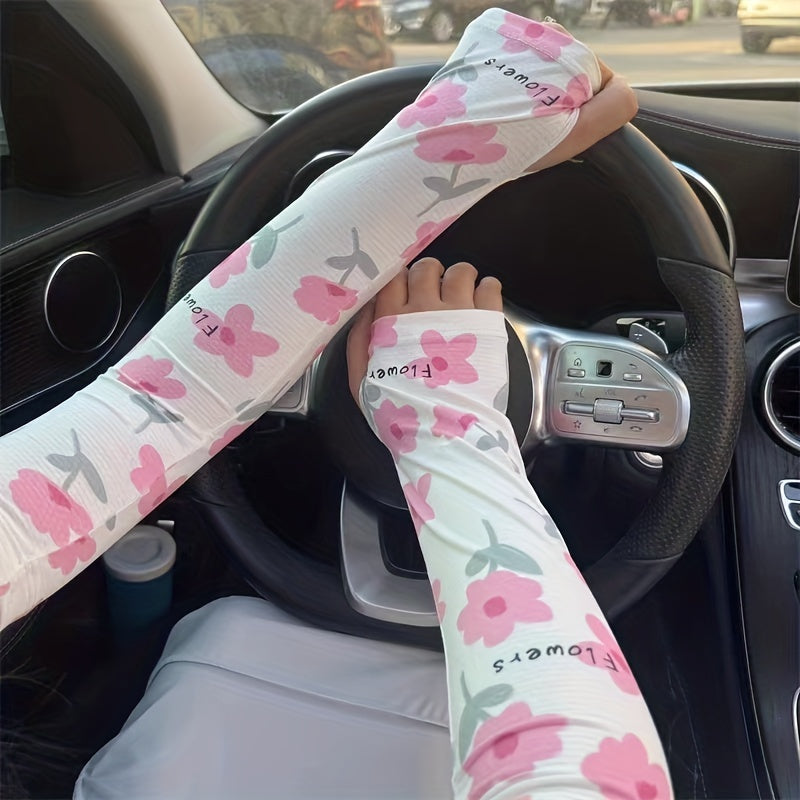 Flower Print Cartoon Ice Sleeves UV Protection Gloves for Women