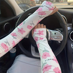 Flower Print Cartoon Ice Sleeves UV Protection Gloves for Women