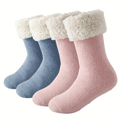 2 Pairs Plush Lined Slipper Socks Warm Women's Mid Tube Stockings