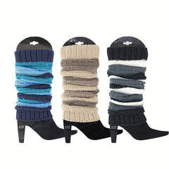 2 Pairs Striped Knitted Leg Warmers Colorblock Knee High Socks Women's Stockings