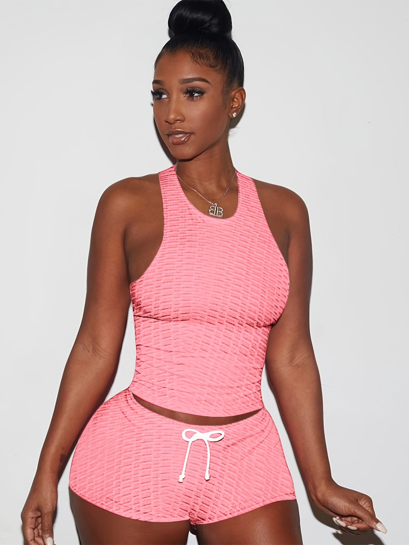 Plus Size Honeycomb Tank Top & Shorts Sports Outfits Set