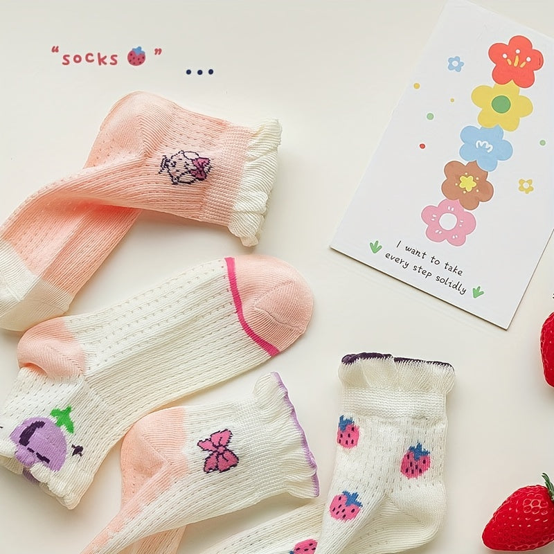 Girls 5 Pairs Breathable Crew Socks with Strawberries and Flowers