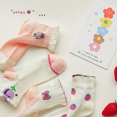 Girls 5 Pairs Breathable Crew Socks with Strawberries and Flowers