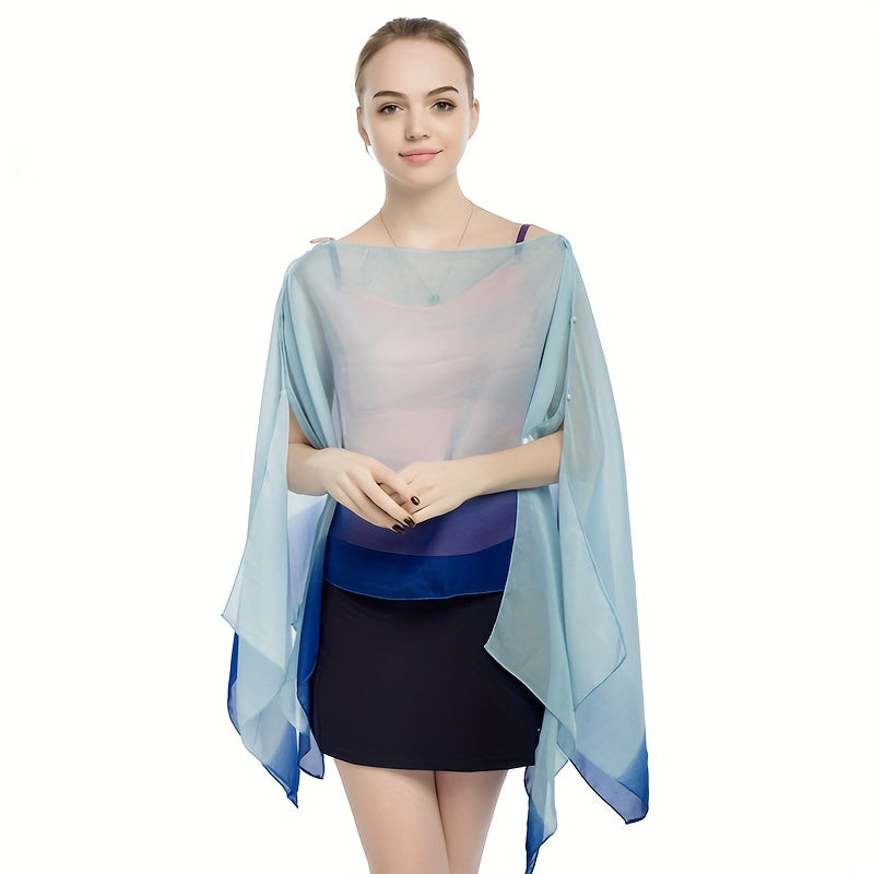 Faux Pearl Buckle Chiffon Shawl Gradient Sunscreen Wrap