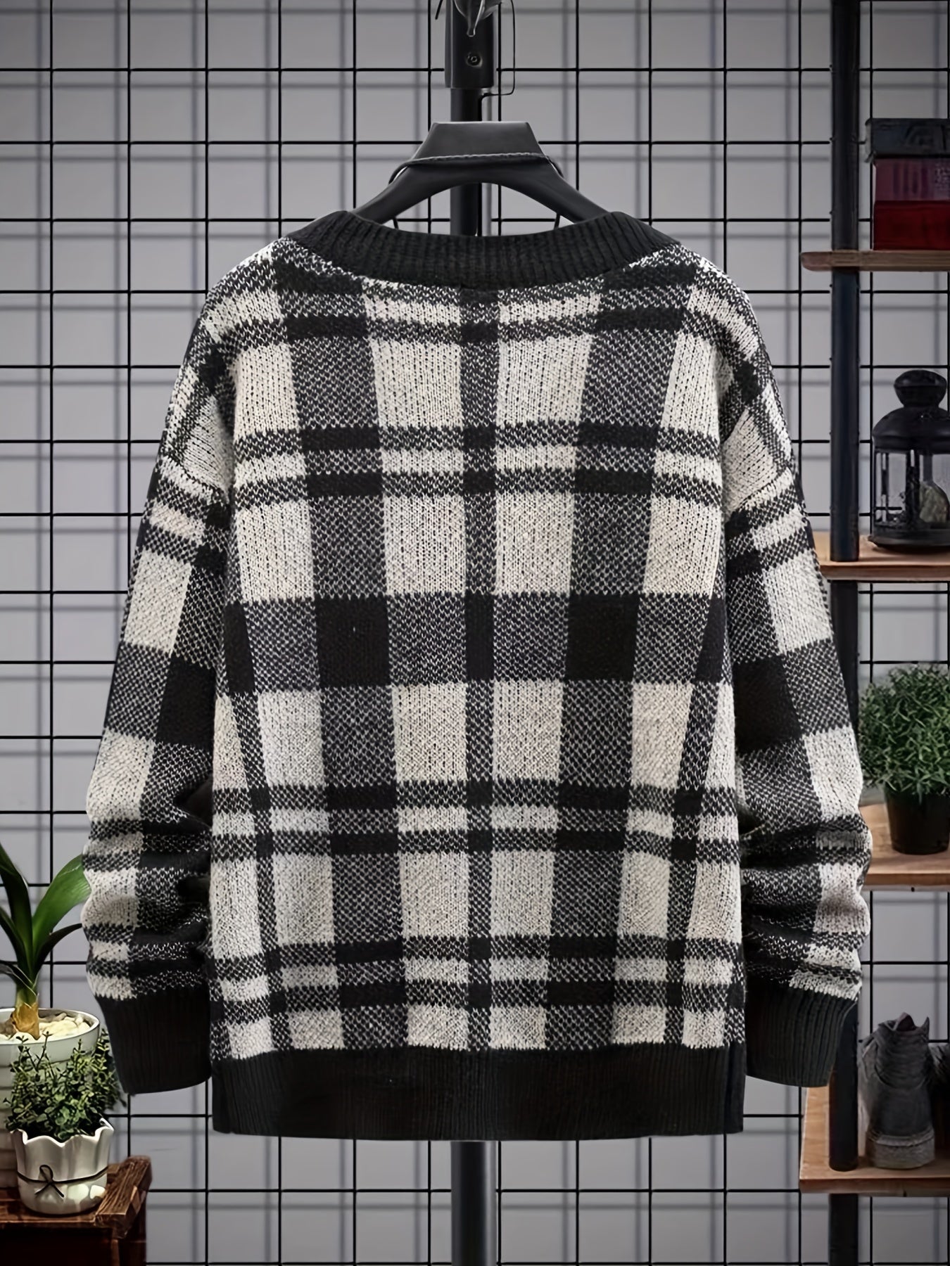 Men's Plaid Loose Fit V Neck Sweater for Fall Winter