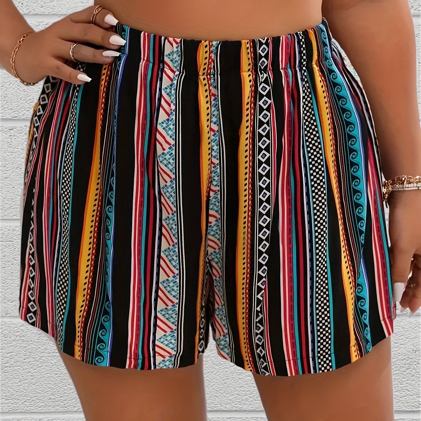Striped Boho Elastic Waist Shorts for Women
