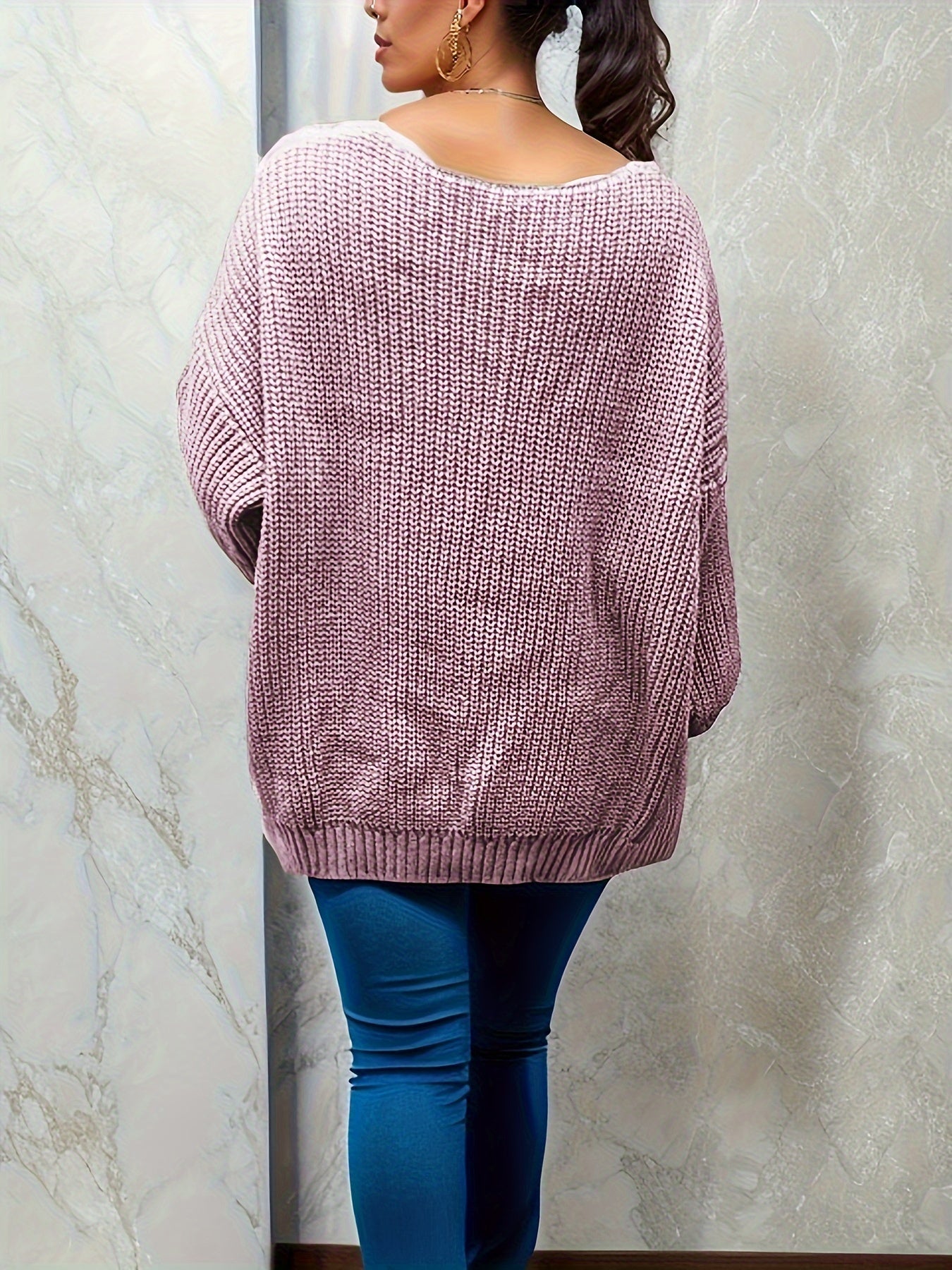 Solid Jacquard Lantern Sleeve V Neck Casual Sweater