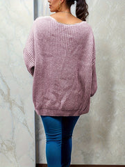 Solid Jacquard Lantern Sleeve V Neck Casual Sweater