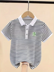 Boys Striped Lapel T-shirt Short Sleeve Summer Top