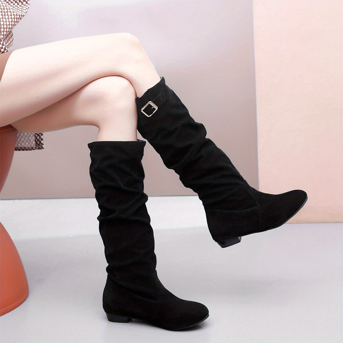 Women's Slouch Knee High Boots Buckle Decor Long Boots
