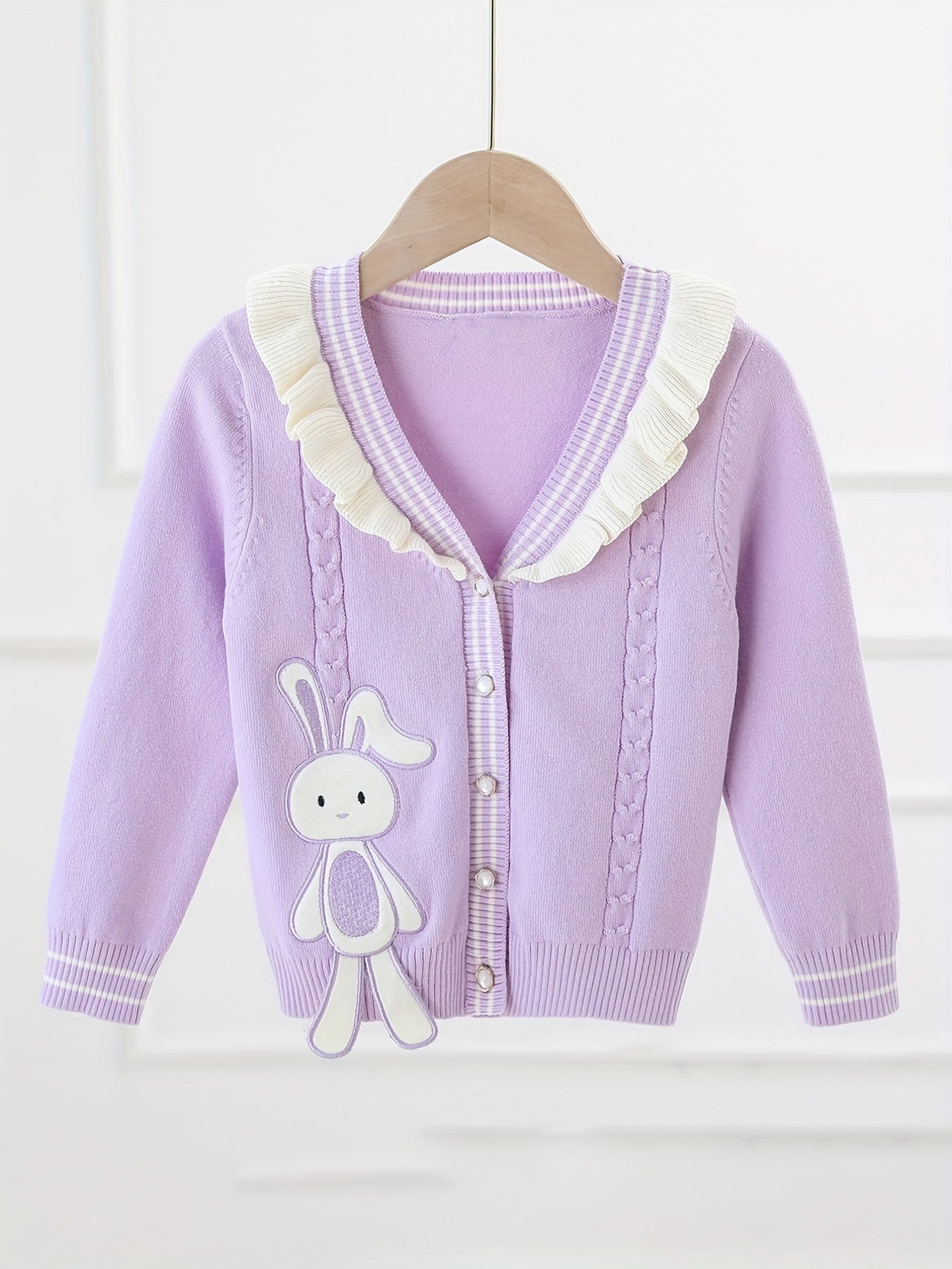 Girls' Bunny Embroidery Knit Cardigan Ruffle Trims Button Down Top