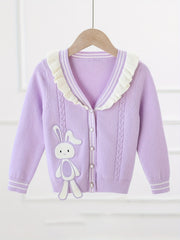 Girls' Bunny Embroidery Knit Cardigan Ruffle Trims Button Down Top
