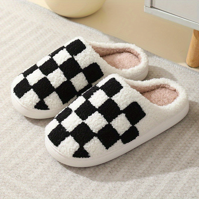 Women's Checkerboard Pattern Slippers Plush Lined Shoes