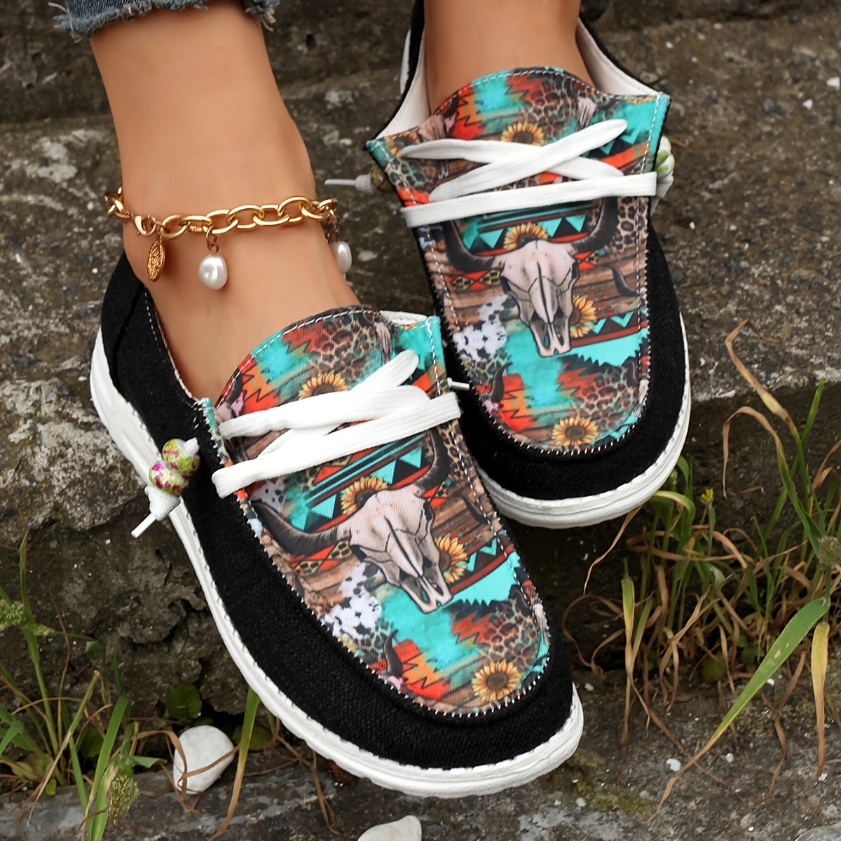 Women's Printed Canvas Shoes Lightweight Lace Up Walking Shoes