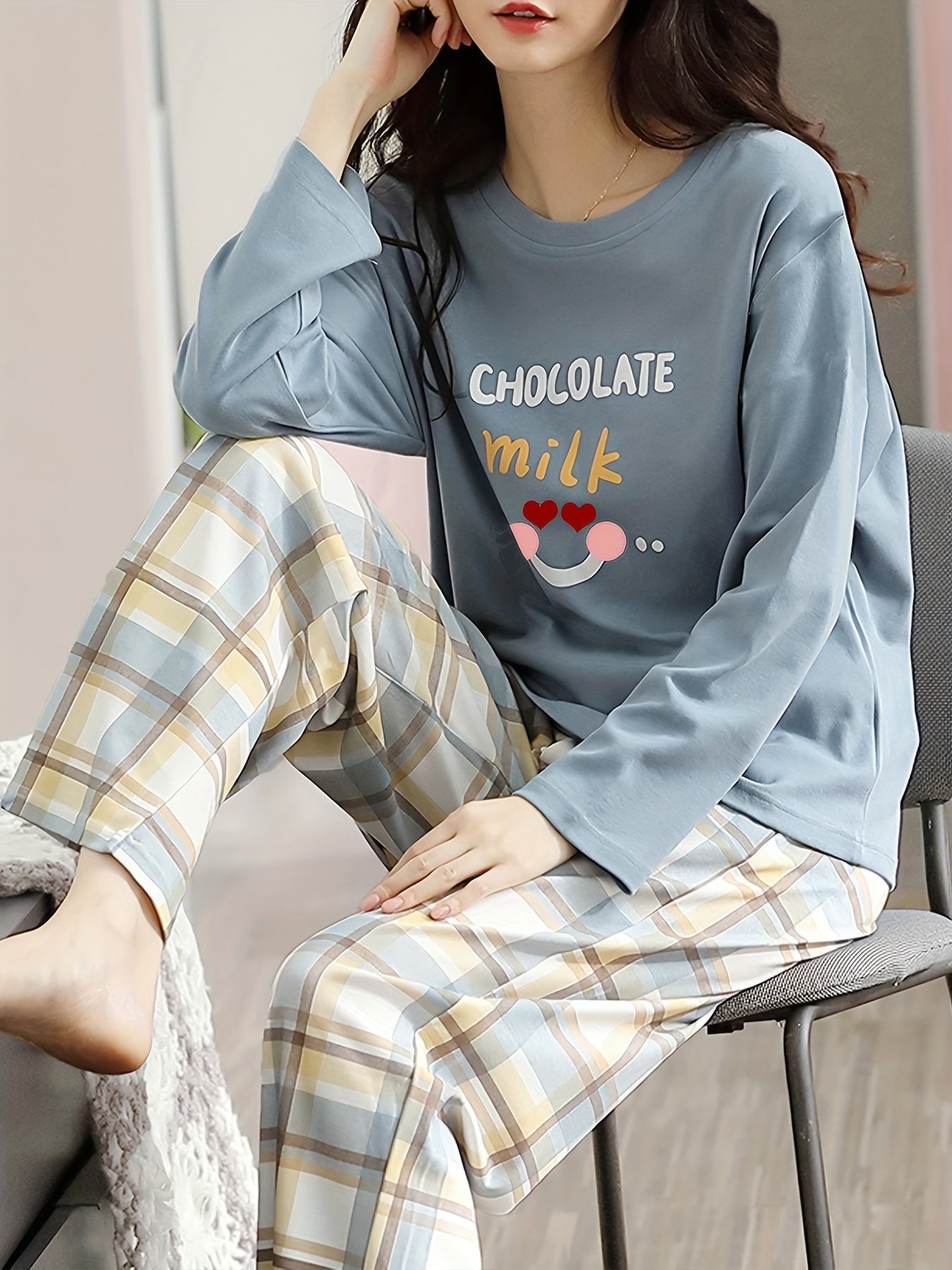 Letter Print Pajama Set Long Sleeve Top & Plaid Pants