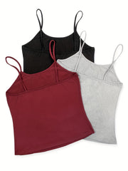 3 Pack Plus Size Sexy Cami Top Set Women's Plus Solid Round Neck Medium Stretch