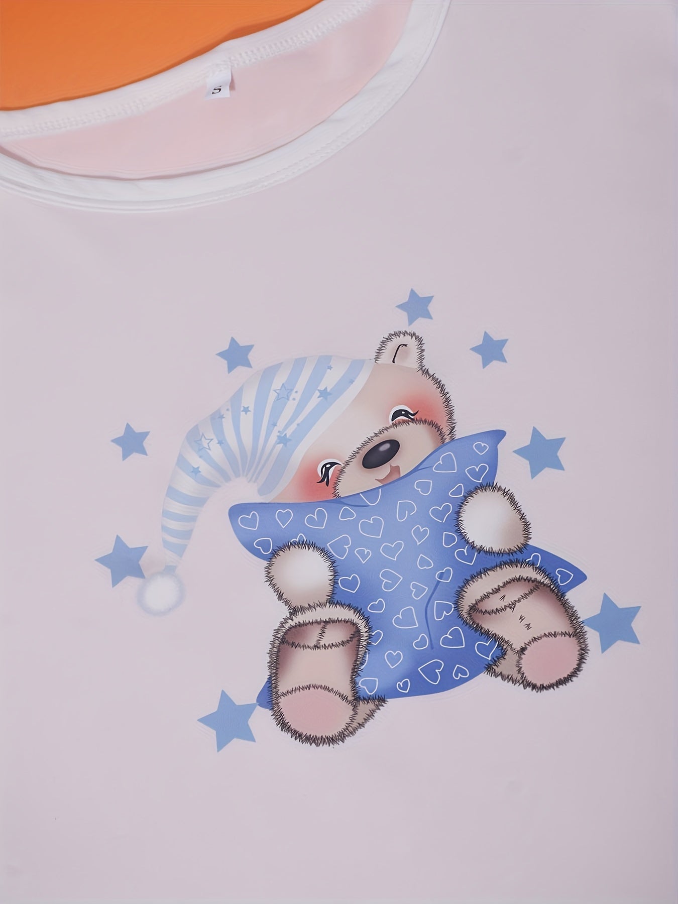 Bear Print Pajama Set Short Sleeve Top & Pants Women's Sleepwear