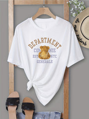 Bear & Letter Print Casual T shirts Crew Neck Short Sleeve Graphic Tee