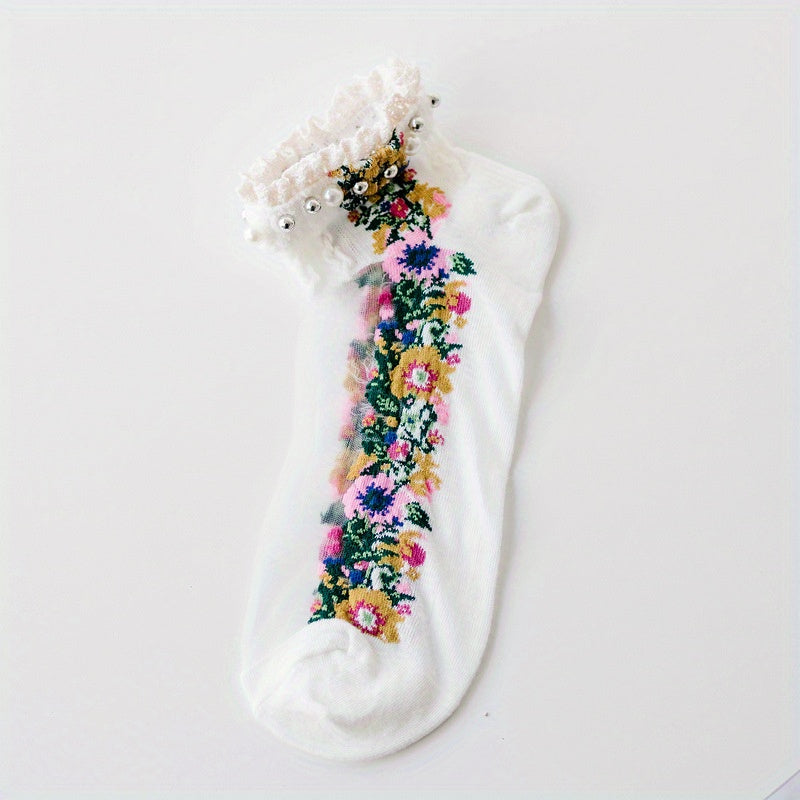 Faux Pearl Lace Trim Ankle Socks Soft Women's Stockings