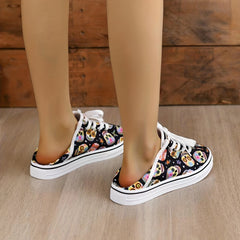 Skull Pattern Halloween Shoes Lace Up Low Round Toe Canvas Comfy Casual Shoes