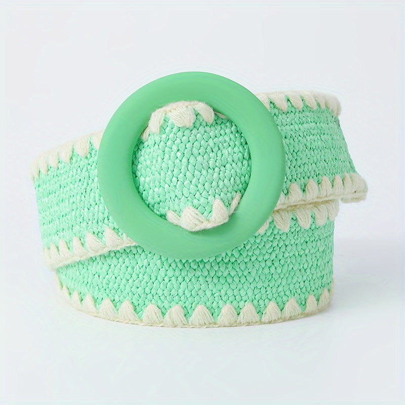 Candy Woven Belt Round Buckle Dress Belt Stylish Casual Straw Waist Belts