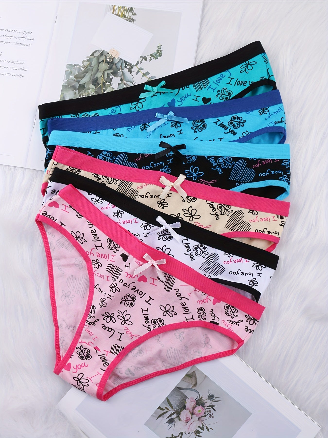 6 Pack Plus Size Panties Set Women's Plus Butterfly & Heart Print Briefs