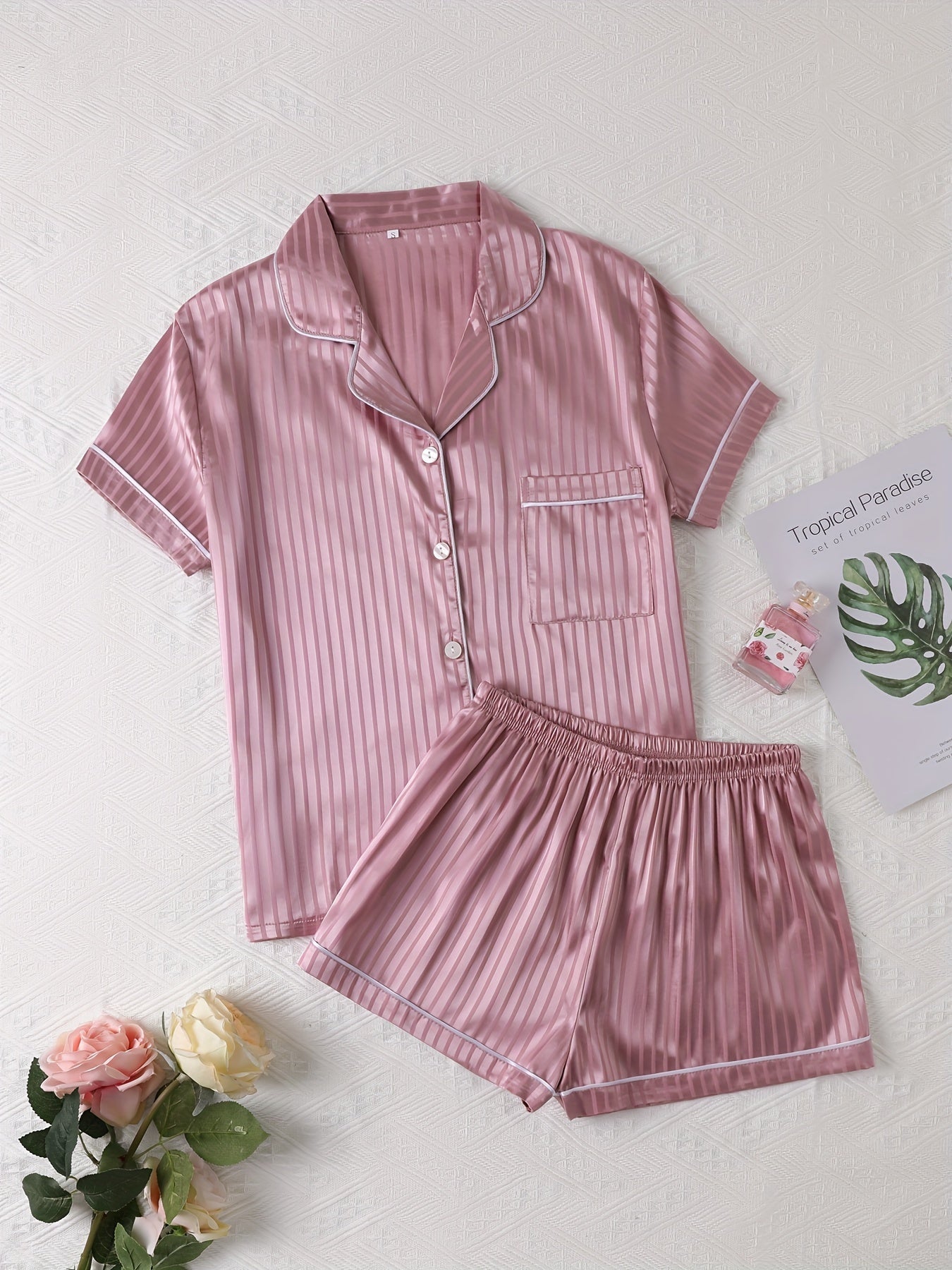 Striped Satin Pajamas Set Short Sleeve Buttons Top & Shorts