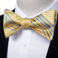 Men's Golden Paisley Silk Bow Tie Hankerchief Cufflink Wedding Set