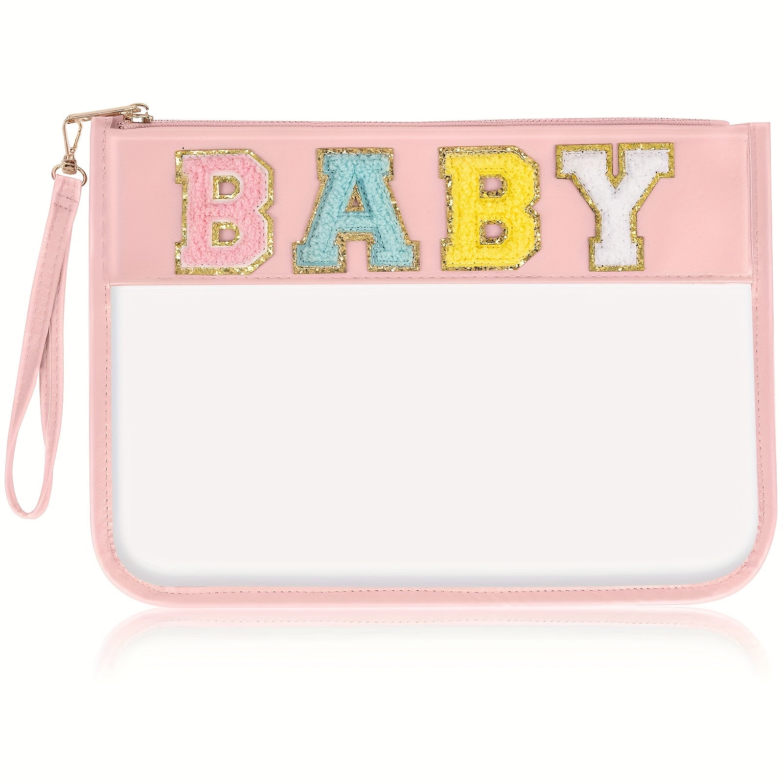 Monogram PVC & PU Clear Zipper Pouch Wristlet Glitter Makeup Beach Pouch