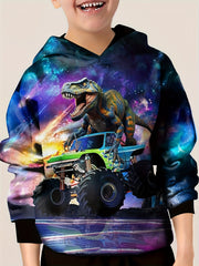 Dino Truck Print Starry Sky Hooded Sweatshirt for Kids