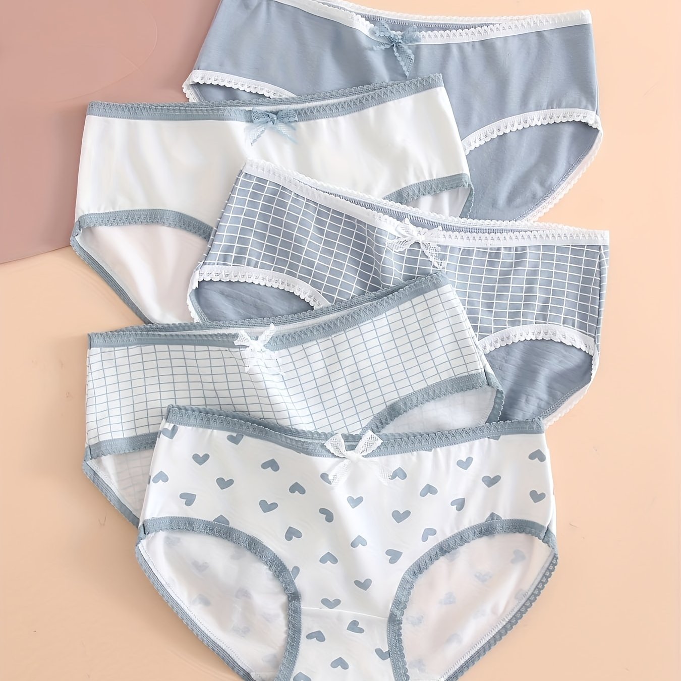 5pcs Heart & Plaid Print Briefs Comfy Intimates Panties